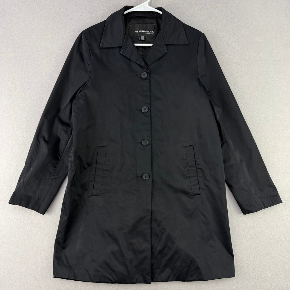 VTG Y2K Weatherproof Trench Jacket Women Small Black Classic Button Front Satin